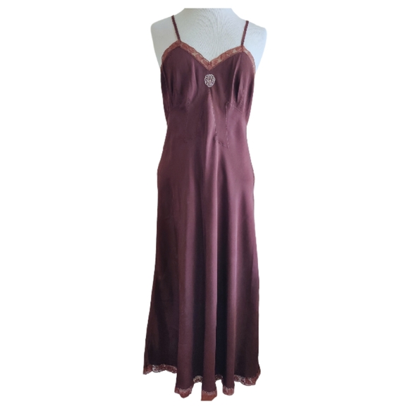 Vintage 1930-40s Art Deco Brown Bias Cut Silk/Lace Slip Dress - Picture 1 of 12